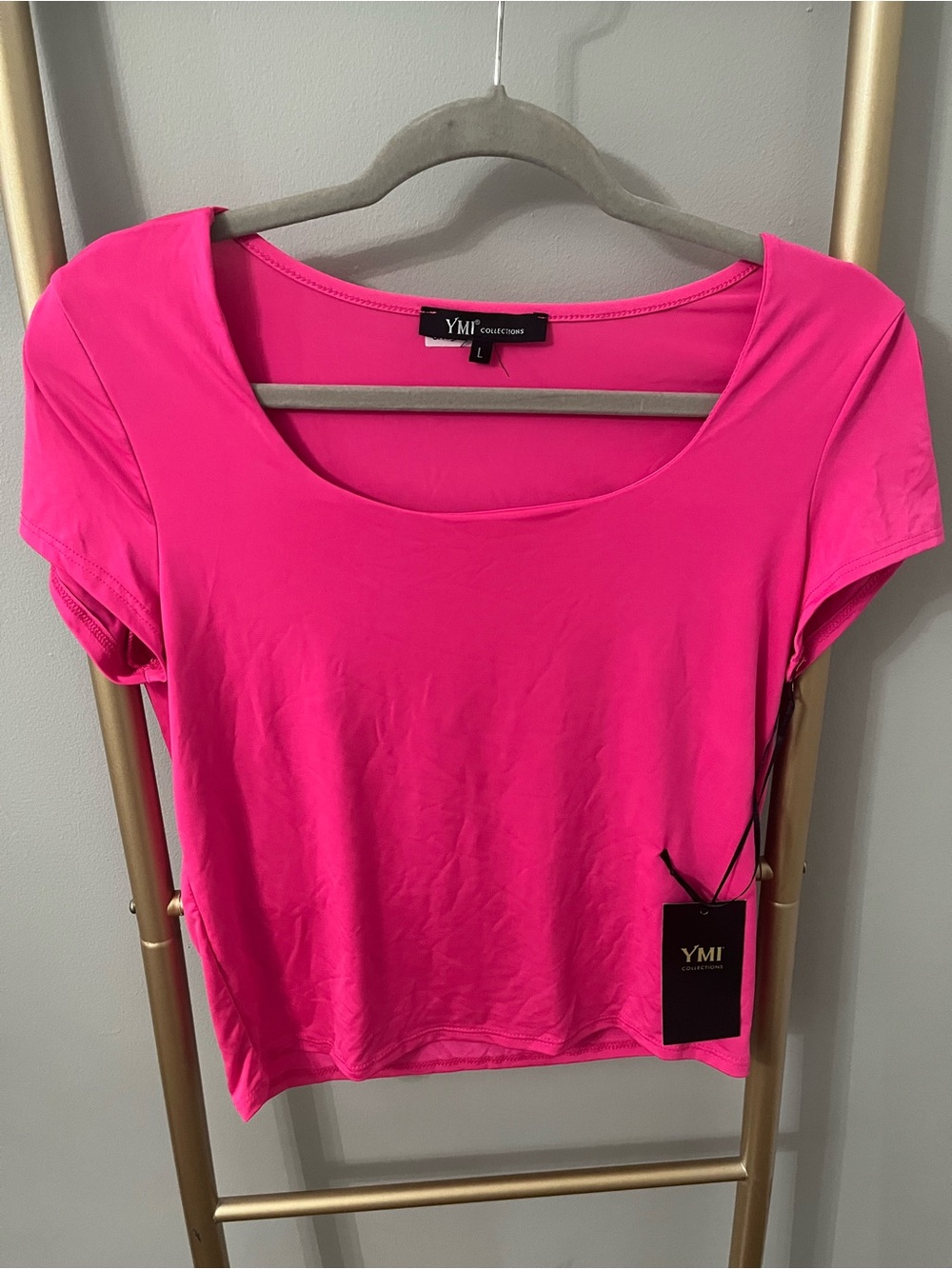 MI Collections Neon Pink Scoop Neck Crop Top | Size Large | NWT